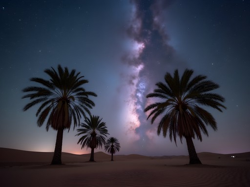 Spectacular Milky Way galaxy over Siwa desert landscape with silhouetted palm trees