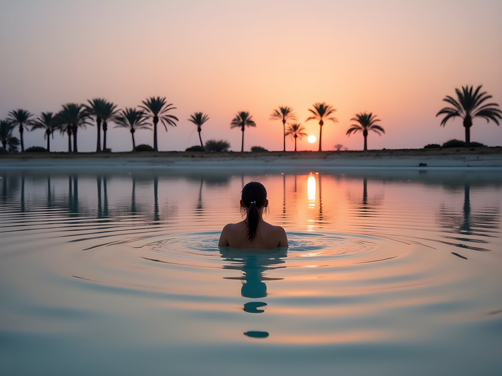 Person floating in Siwa's salt lake at sunset with palm trees silhouetted in background