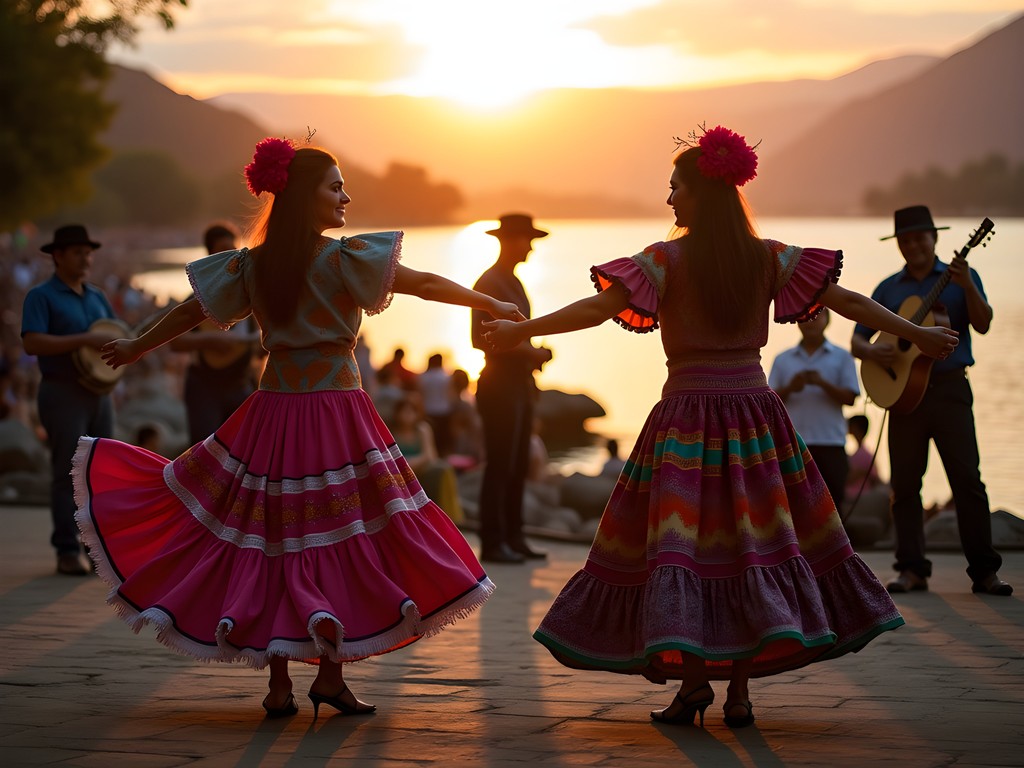 Traditional cumbia dancers performing at sunset by Magdalena River