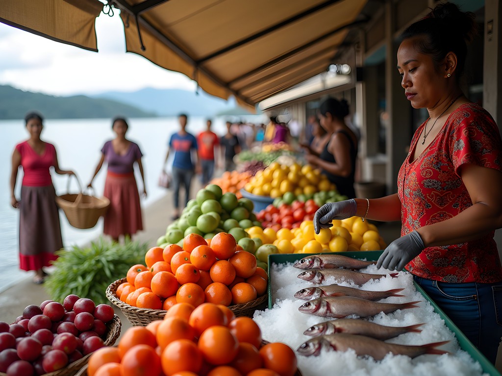 Colorful riverside market in Soledad with fresh fruits and fish