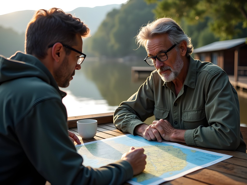 Douglas reviewing Magdalena River map with local guide in Soledad
