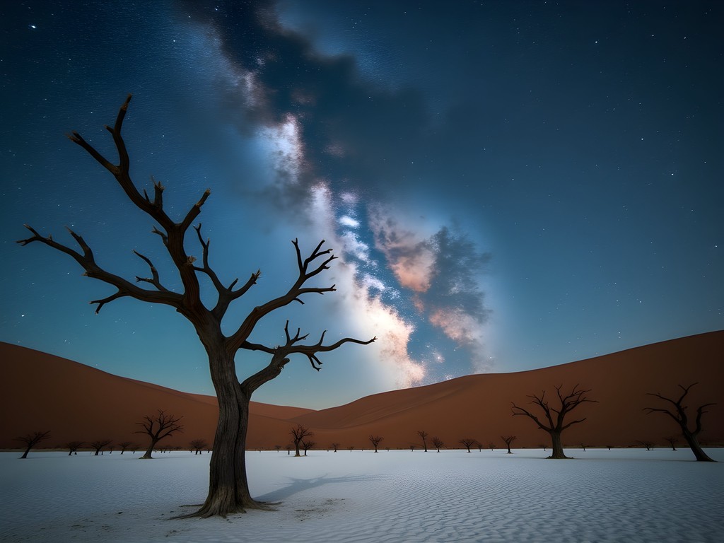 Milky Way galaxy center visible over dead camel thorn trees in Deadvlei