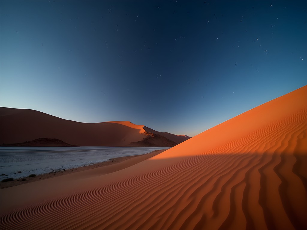 Red sand dunes of Sossusvlei at sunset with stars beginning to appear