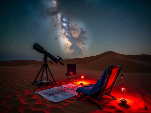 Essential astronomy equipment arranged on sand dune with starry sky background