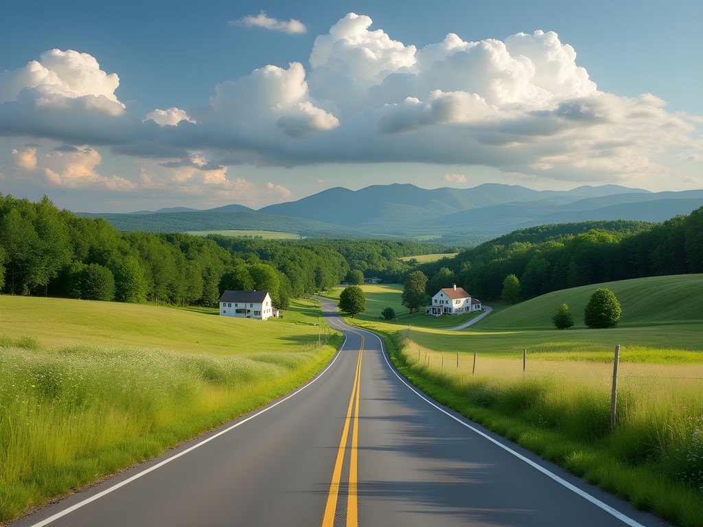Indian-American woman riding Royal Enfield motorcycle on scenic Vermont country road near South Burlington