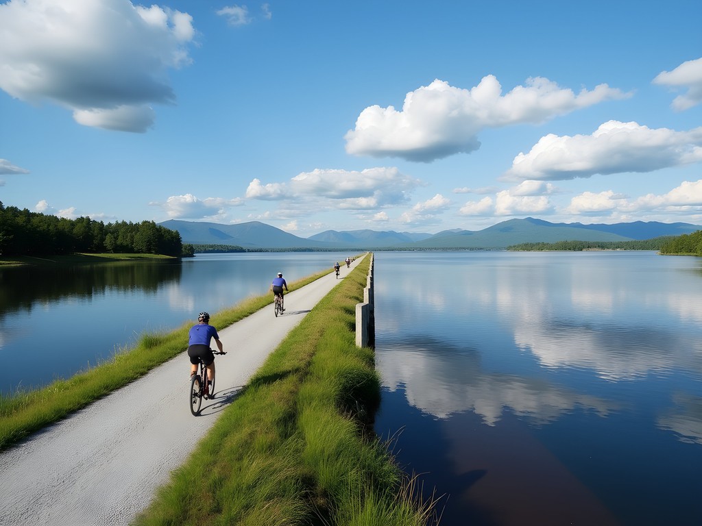 Cyclist on the Island Line Trail causeway crossing Lake Champlain near South Burlington