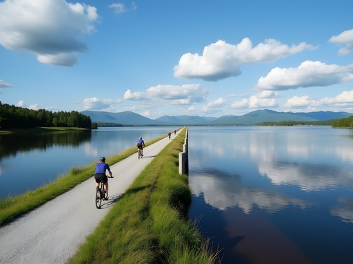 Cyclist on the Island Line Trail causeway crossing Lake Champlain near South Burlington