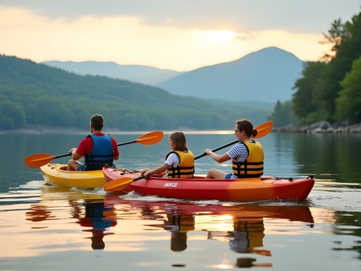 Family kayaking on Shelburne Bay with Adirondack Mountains in background
