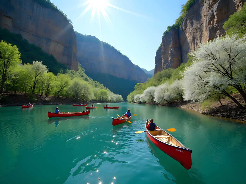Canoes floating down Buffalo National River with dramatic limestone bluffs and crystal clear water
