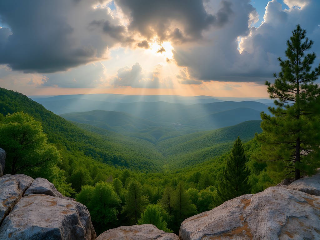 Panoramic view from Yellow Rock Trail overlook in Devil's Den State Park showing vast Ozark forest landscape
