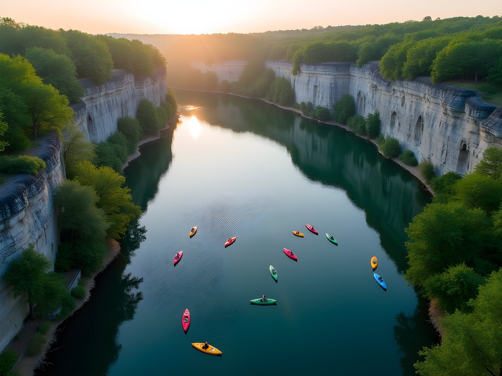 Kayakers exploring Lake Leatherwood with limestone bluffs and forest reflections in morning light