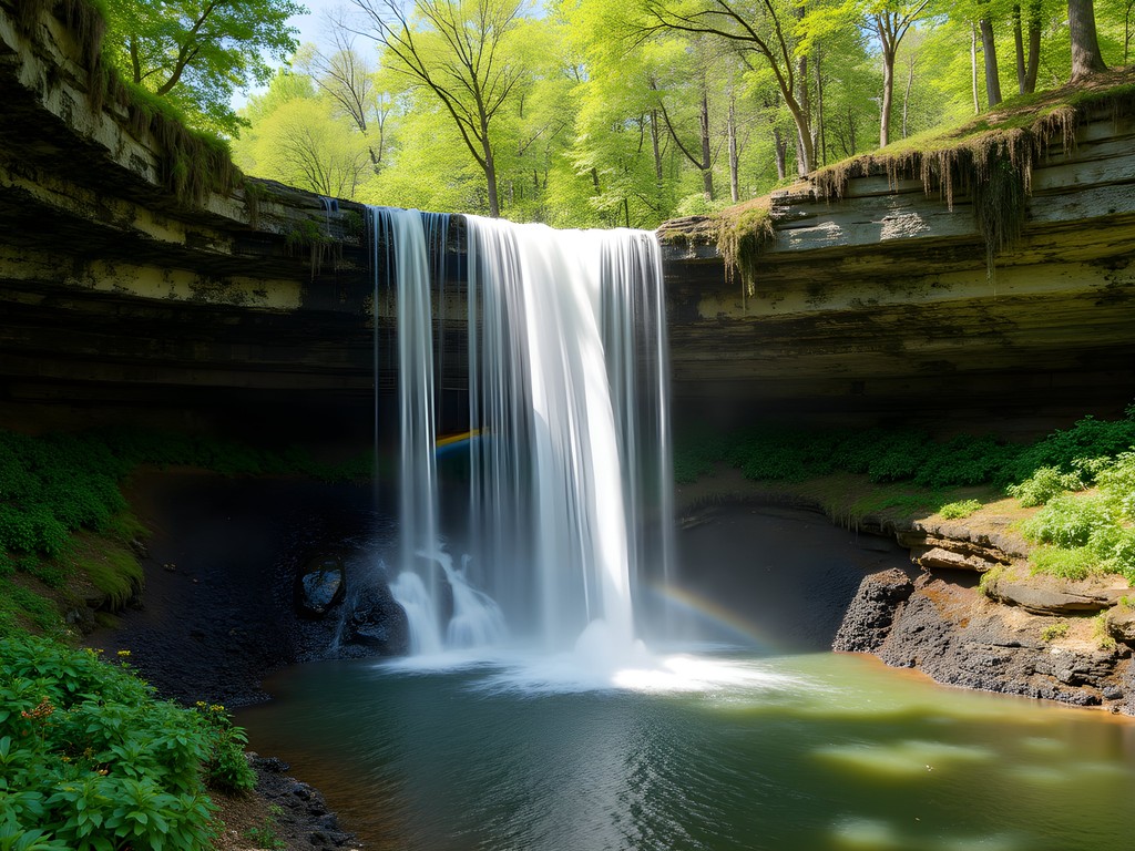 Waterfall cascading over moss-covered rocks at Devil's Den State Park in springtime