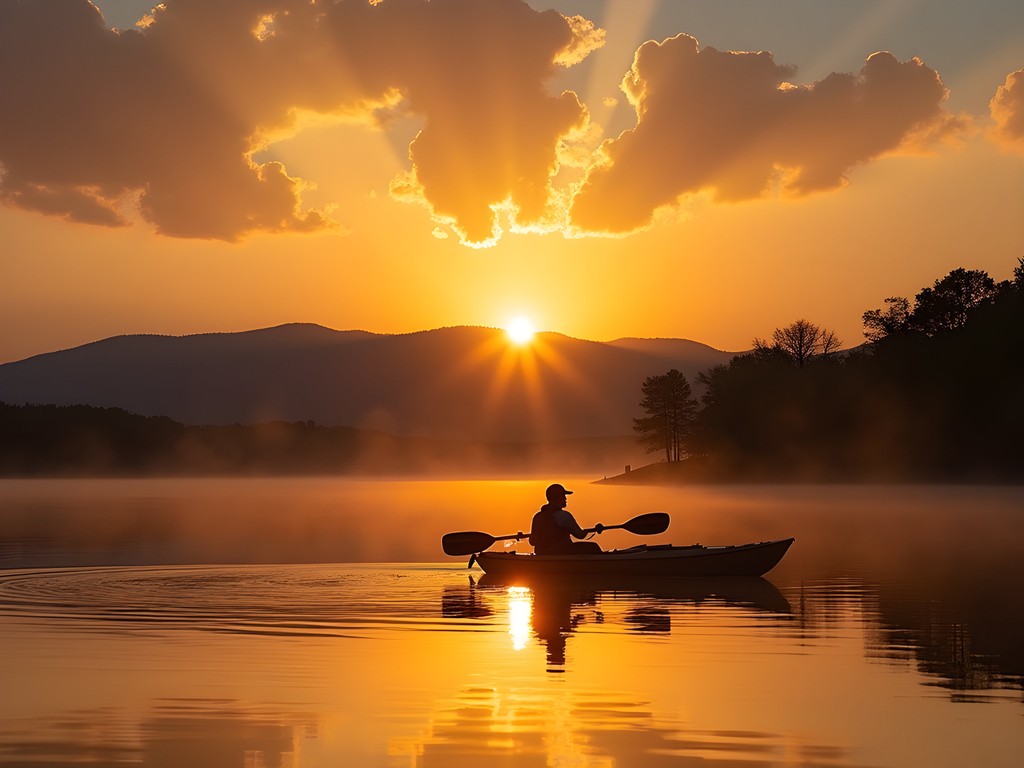 Sunrise over Lake Wedington with kayak in foreground and misty Ozark mountains in background
