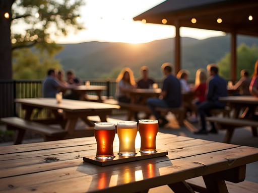 Outdoor patio at Natural State Beer Company in Springdale with Ozark mountains visible in background
