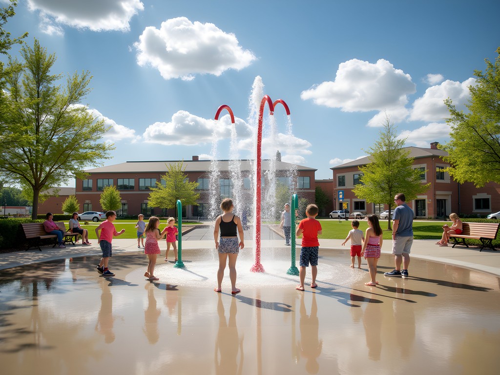 Children enjoying the splash pad at City Centre Park in St. Peters on a warm spring day
