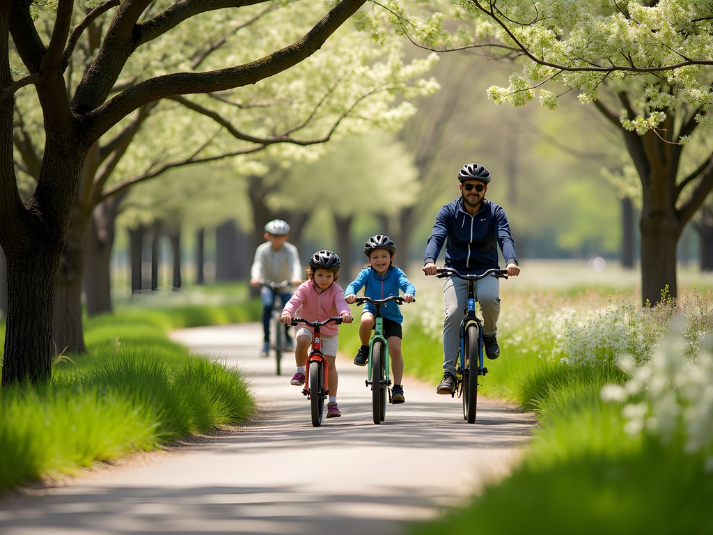 Family biking along Dardenne Greenway trail in St. Peters with blooming spring trees