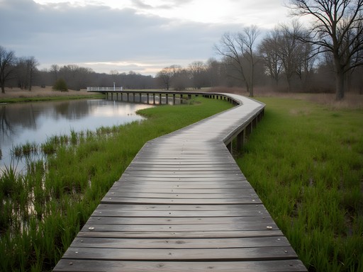 Wooden boardwalk through Spencer Creek Park wetlands with spring vegetation