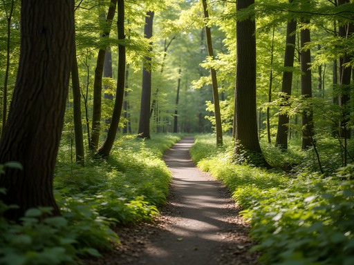 Wooded path through Baumgartner Park in Sterling Heights showing spring foliage
