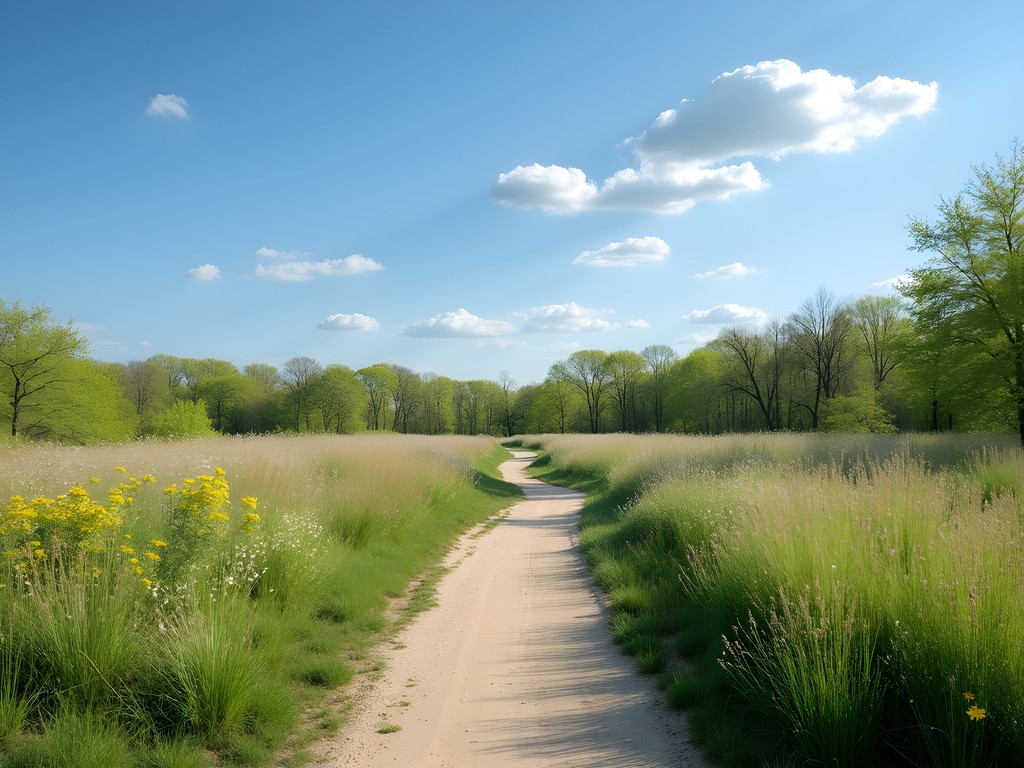 Spring wildflowers along meadow trail in Delia Park, Sterling Heights