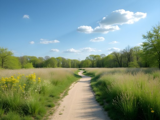 Spring wildflowers along meadow trail in Delia Park, Sterling Heights