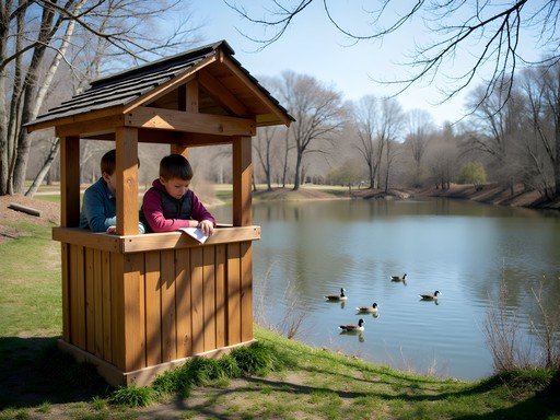 Wooden bird blind overlooking pond with waterfowl at Holland Ponds in Sterling Heights
