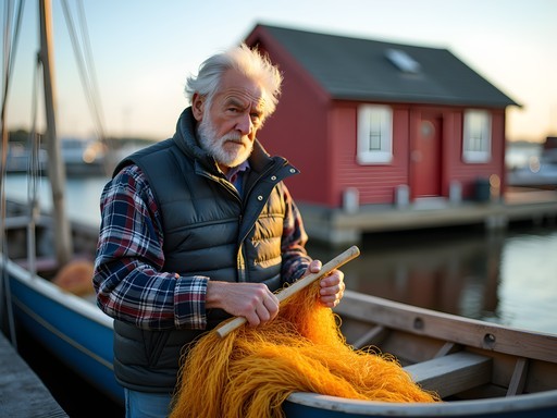 Local fisherman with traditional wooden boat preparing nets in Stockholm archipelago