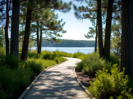 Wooden boardwalk through pine forest leading to Sandhamn beach