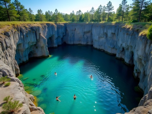 Clear water in abandoned mining quarry on Utö island with swimmers