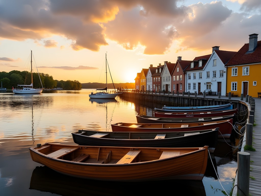 Sunset view of Vaxholm harbor with wooden boats and colorful buildings