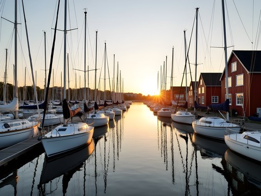 Sandhamn harbor at sunset with moored sailboats and traditional red buildings