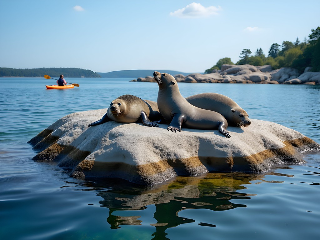 Gray seals basking on rocky skerry in Stockholm archipelago with kayaker in distance