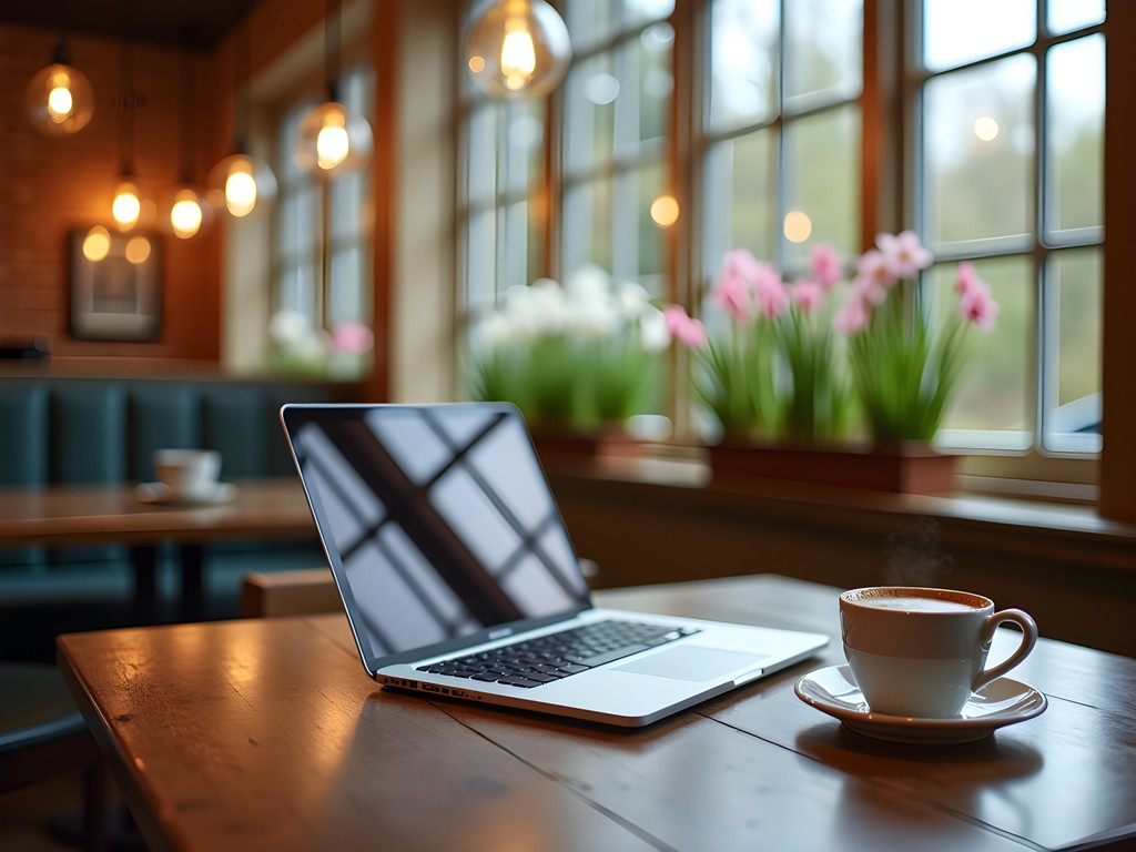 Professional working on laptop at café near Swan Lake Iris Gardens in Sumter