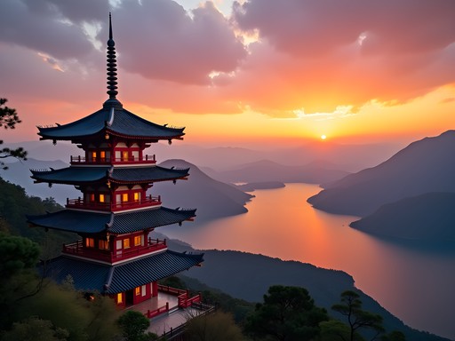 Ci'en Pagoda overlooking Sun Moon Lake at sunset with orange sky and mountain silhouettes