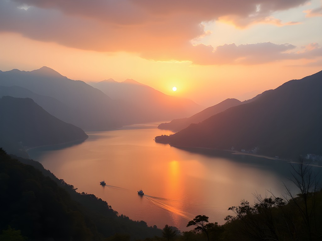 Spectacular sunrise over Sun Moon Lake with golden light reflecting on water and silhouetted mountains
