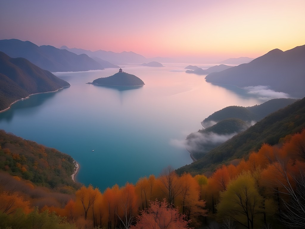 Morning mist rising over Sun Moon Lake with golden autumn foliage and mountain backdrop