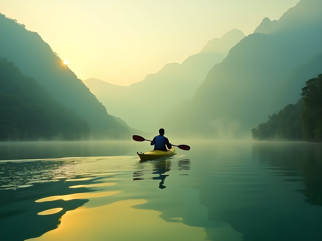 Solo traveler kayaking on Sun Moon Lake at dawn with misty mountains