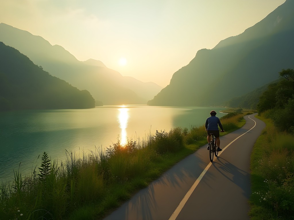 Cyclist on Sun Moon Lake's dedicated bike path during early morning mist