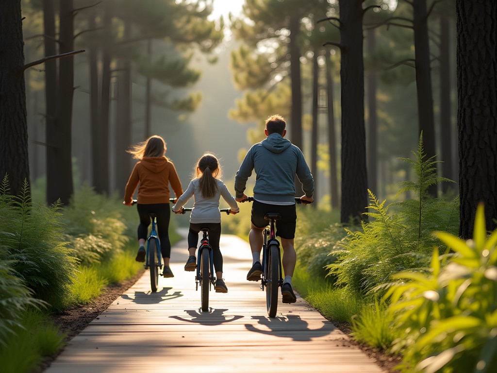 Family cycling through pine forest on wooden boardwalk path near Pärnu, Estonia