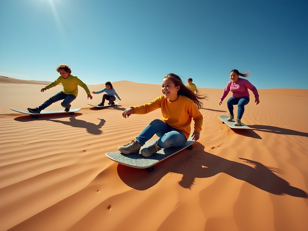 Family sandboarding adventure on giant dunes near Swakopmund, Namibia