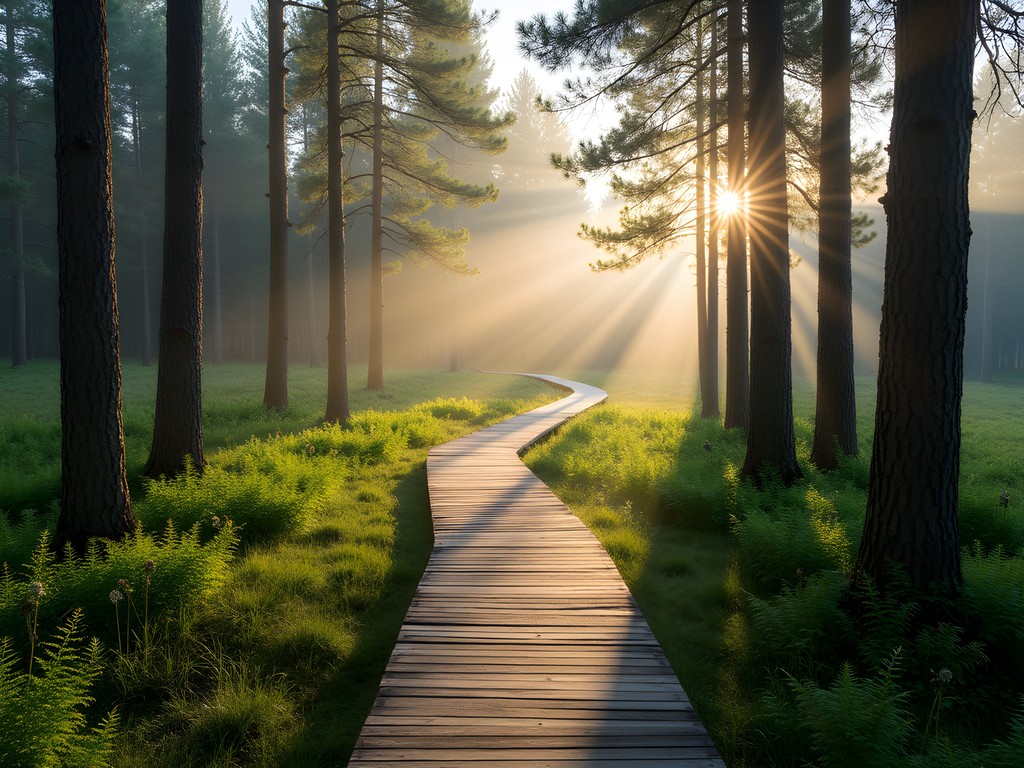 Wooden boardwalk through lush Estonian forest near Pärnu Beach