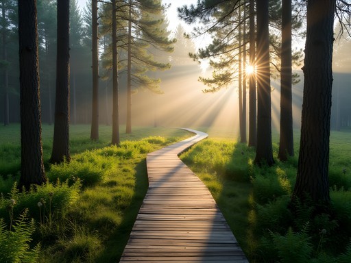 Wooden boardwalk through lush Estonian forest near Pärnu Beach