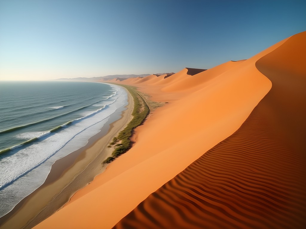 Massive sand dunes meeting the Atlantic Ocean in Swakopmund, Namibia