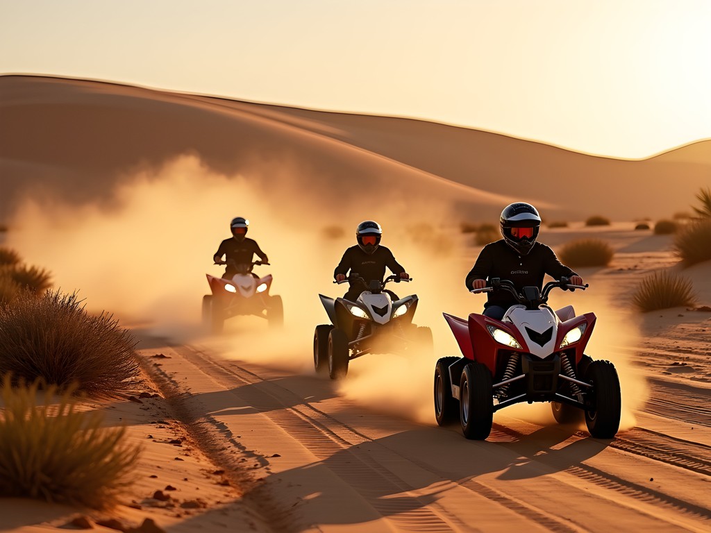 Quad bikes riding through Namib Desert dunes near Swakopmund Namibia