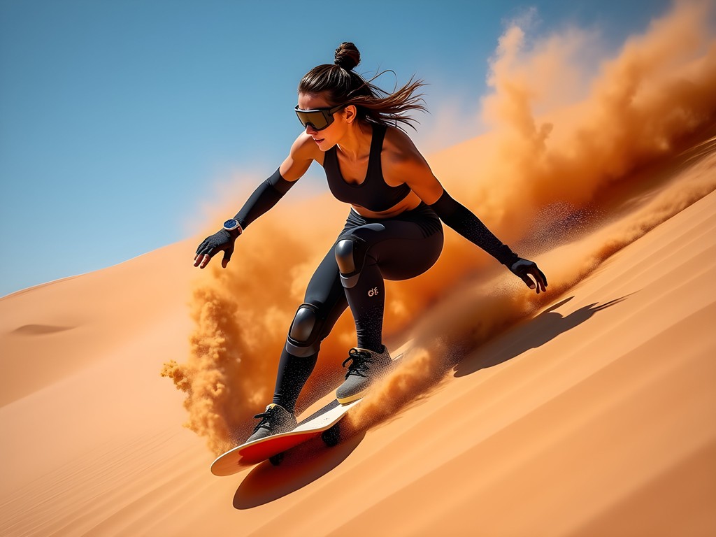 Solo traveler sandboarding down steep orange dune in Swakopmund Namibia