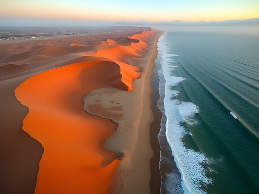 Massive Namib Desert sand dunes meeting Atlantic Ocean coastline near Swakopmund