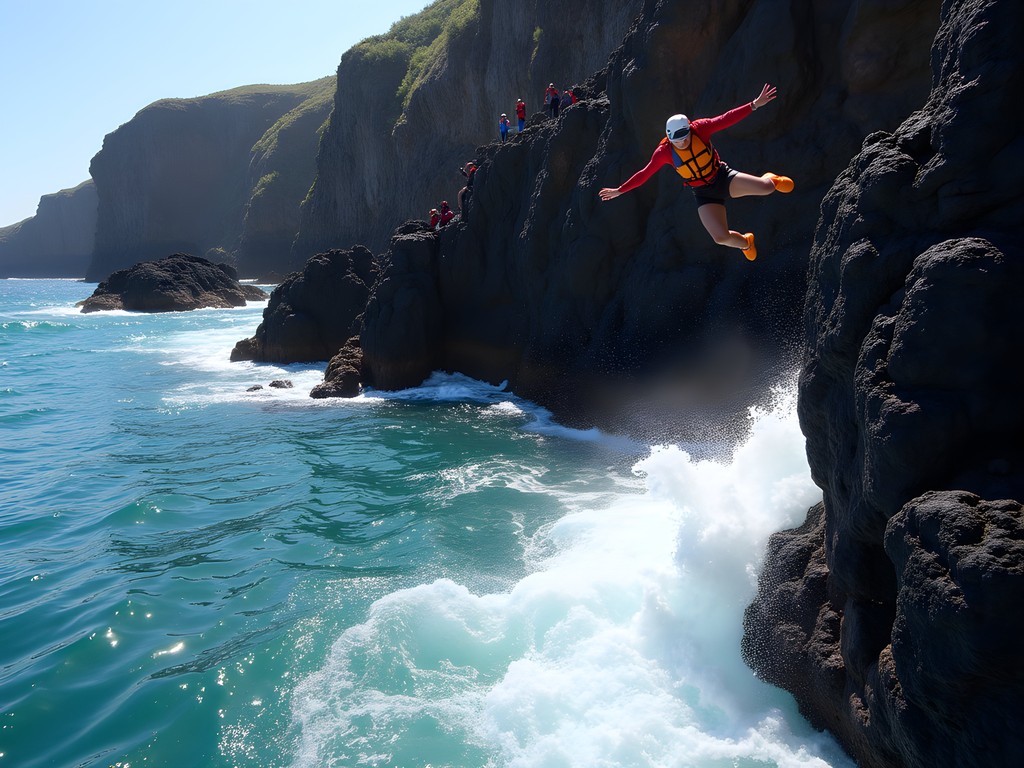 Coasteering adventure along São Miguel's dramatic volcanic shoreline with cliff jumping into the Atlantic Ocean