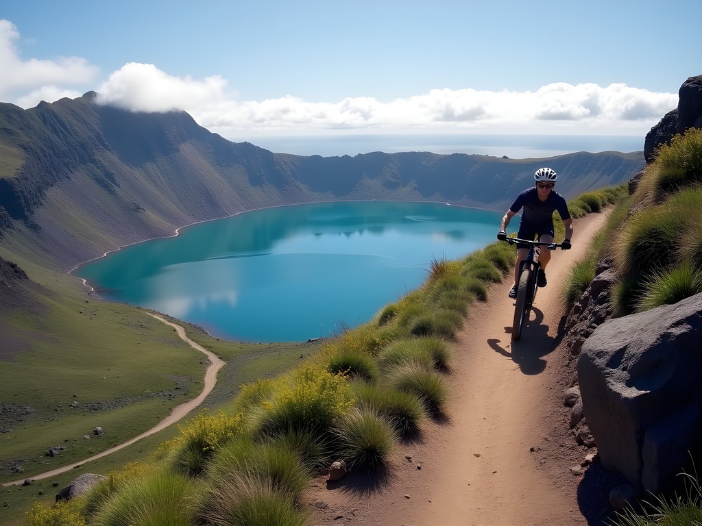 Mountain biker on a trail overlooking the stunning crater lake of Lagoa do Fogo in São Miguel