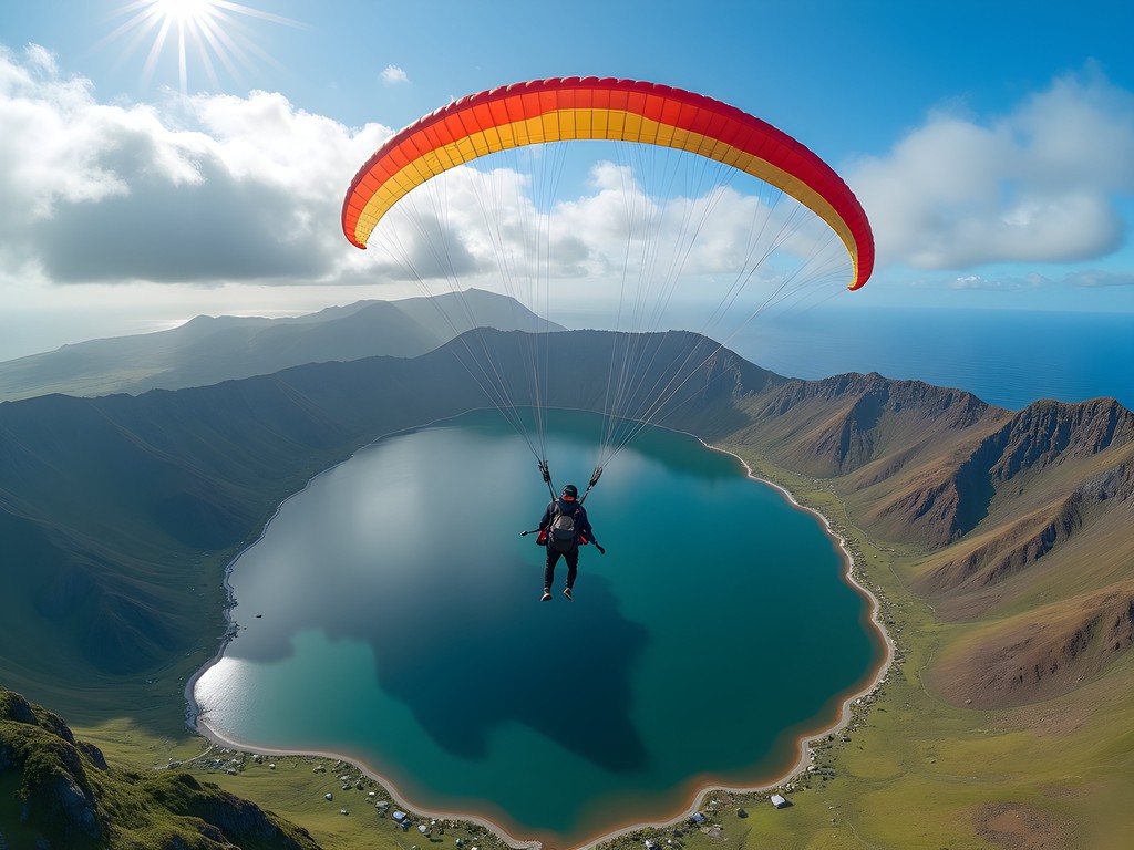 Tandem paragliding flight over the spectacular twin lakes of Sete Cidades crater in São Miguel