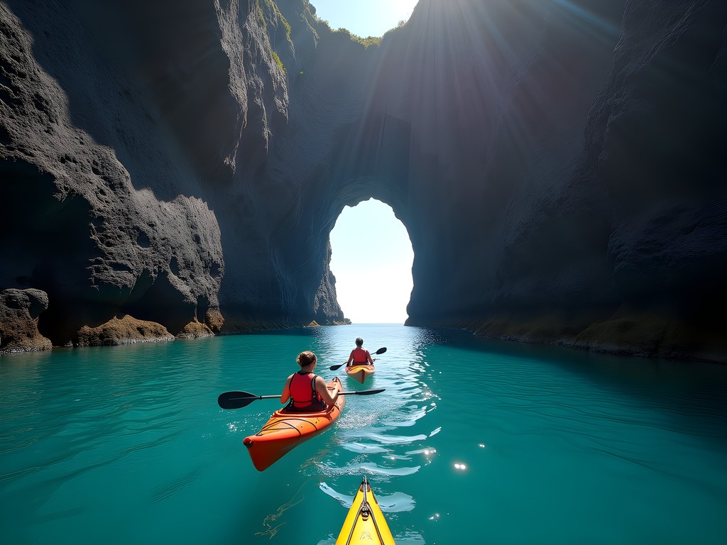 Sea kayaking expedition exploring dramatic volcanic sea caves along São Miguel's northern coastline