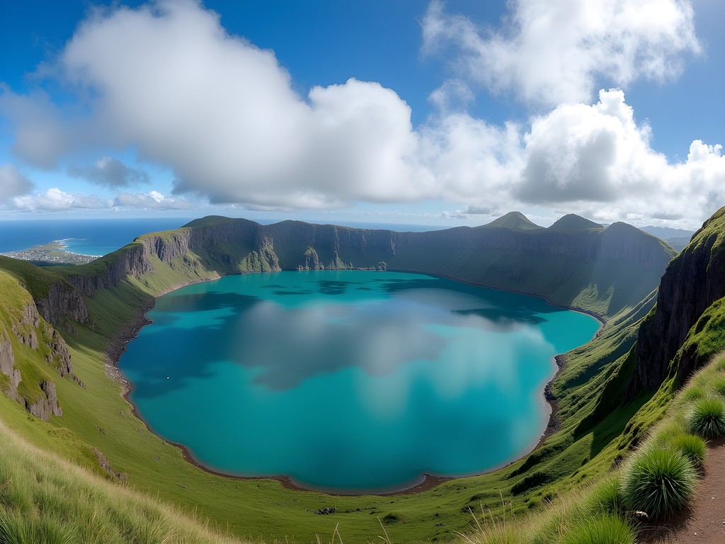 Panoramic view of the blue and green twin lakes of Sete Cidades from the crater rim hiking trail in São Miguel